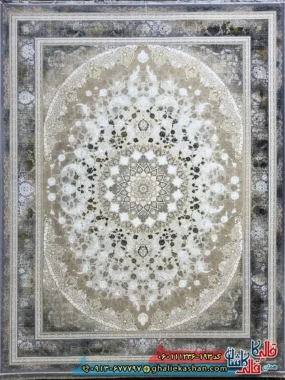 فرش طلاکوب وینتیج 1200 شانه طرح جواهر رنگ قهوه ای نقره ای گل برجسته کاشان