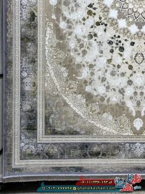 فرش طلاکوب وینتیج 1200 شانه طرح جواهر رنگ قهوه ای نقره ای گل برجسته کاشان حاشیه