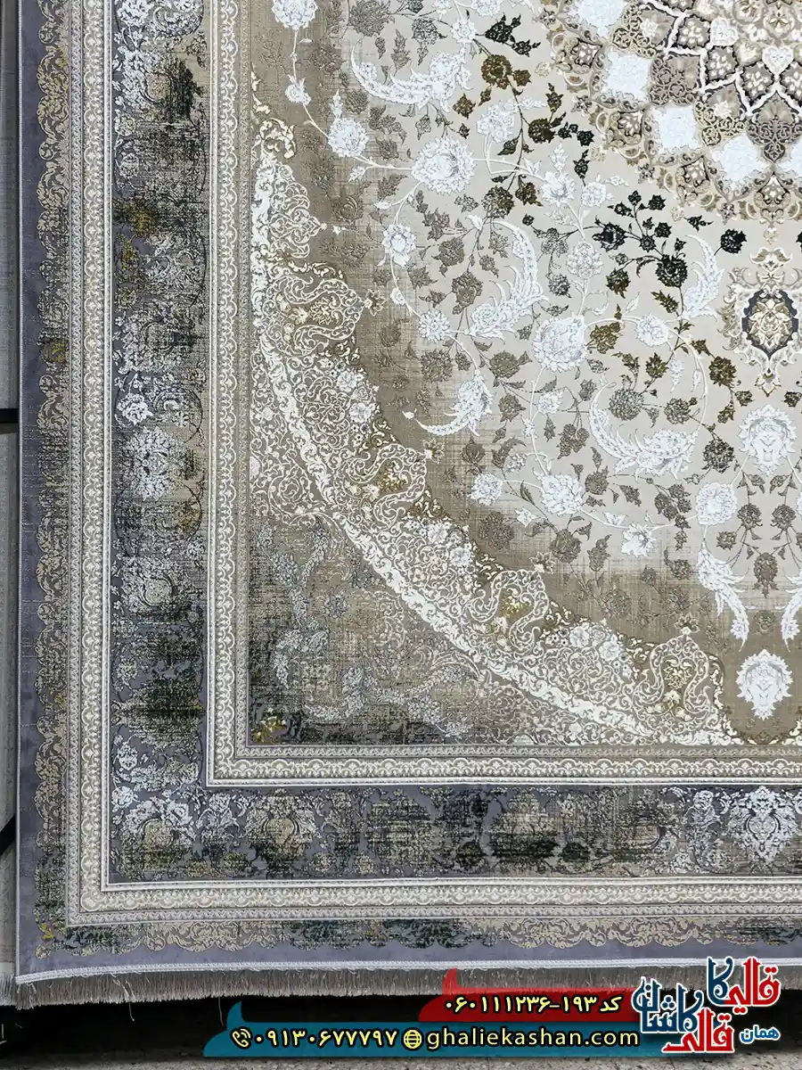 فرش طلاکوب وینتیج 1200 شانه طرح جواهر رنگ قهوه ای نقره ای گل برجسته کاشان حاشیه