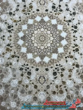 فرش طلاکوب وینتیج 1200 شانه طرح جواهر رنگ قهوه ای نقره ای گل برجسته کاشان زمینه