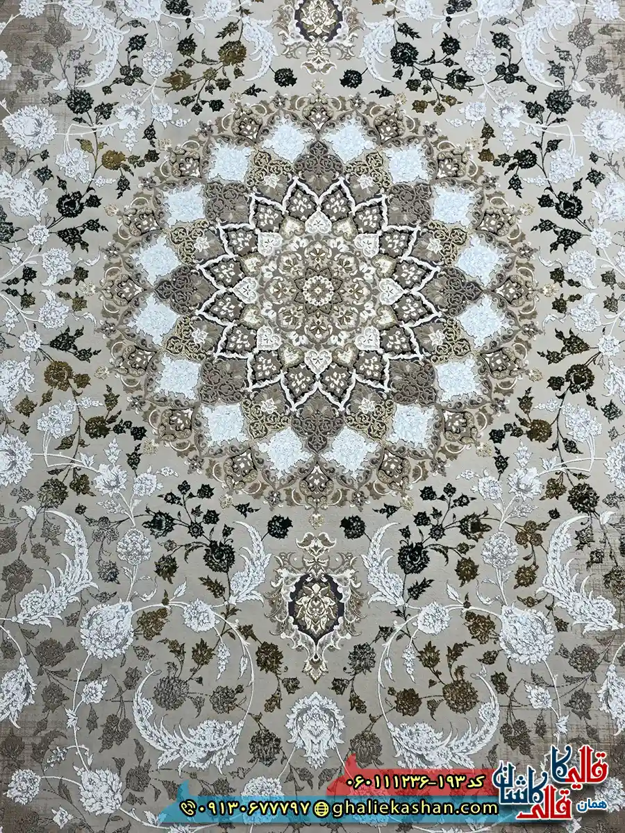 فرش طلاکوب وینتیج 1200 شانه طرح جواهر رنگ قهوه ای نقره ای گل برجسته کاشان زمینه