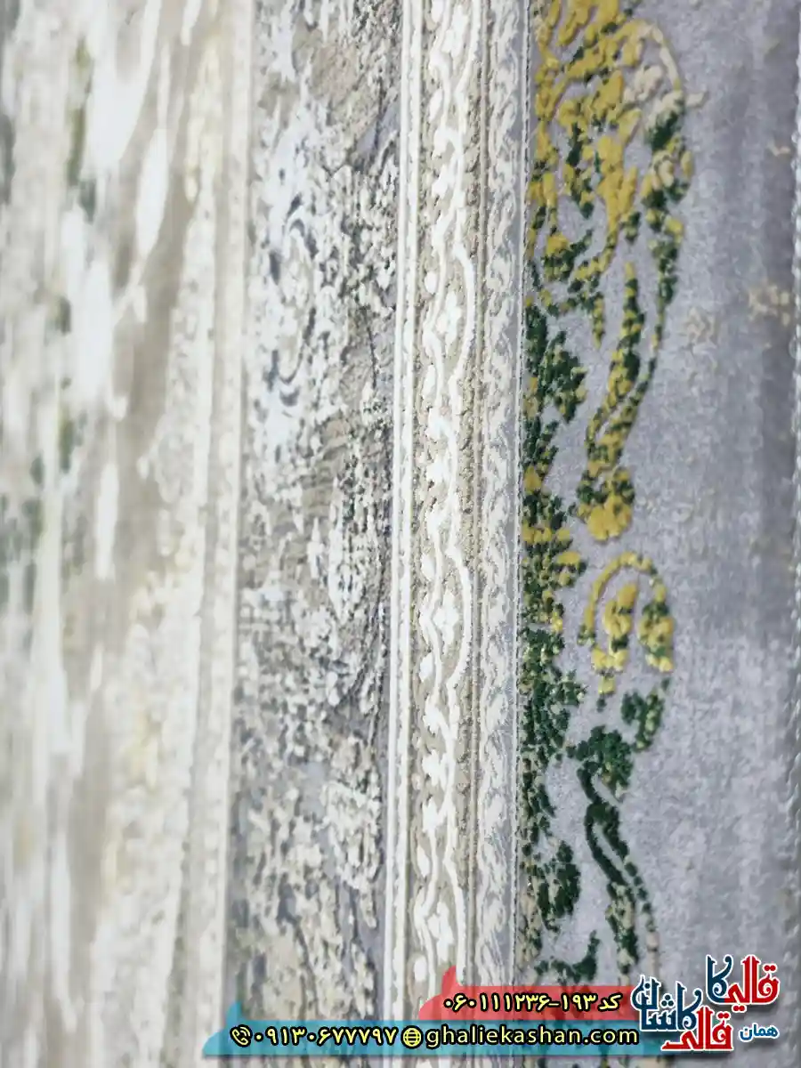 فرش طلاکوب وینتیج 1200 شانه طرح جواهر رنگ قهوه ای نقره ای گل برجسته کاشان نزدیک