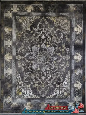 فرش طلاکوب وینتیج 1200 شانه طرح حدیث رنگ طوسی دودی گل برجسته کاشان