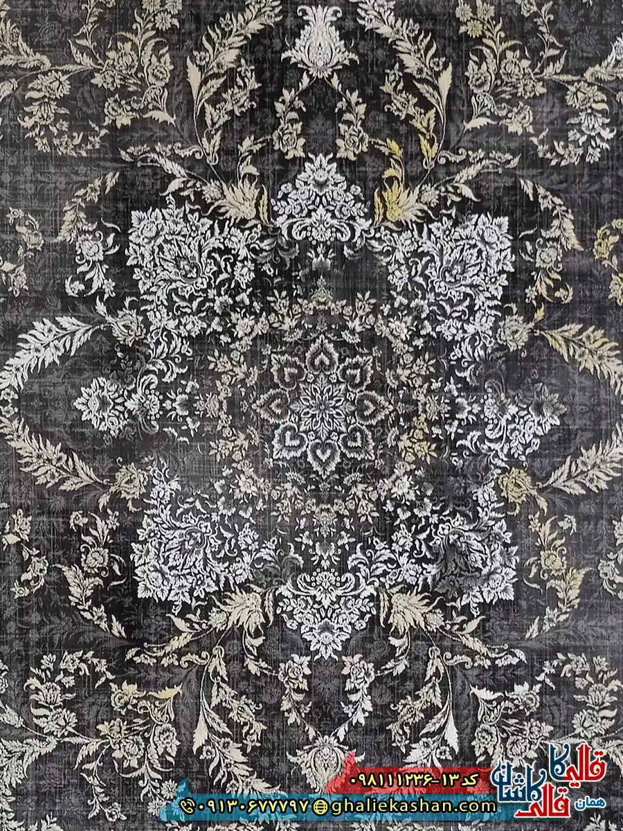 فرش طلاکوب وینتیج 1200 شانه طرح حدیث رنگ طوسی دودی گل برجسته کاشان زمینه