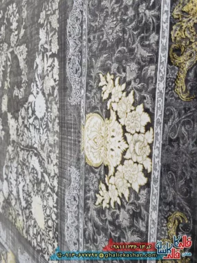 فرش طلاکوب وینتیج 1200 شانه طرح حدیث رنگ طوسی دودی گل برجسته کاشان نزدیک