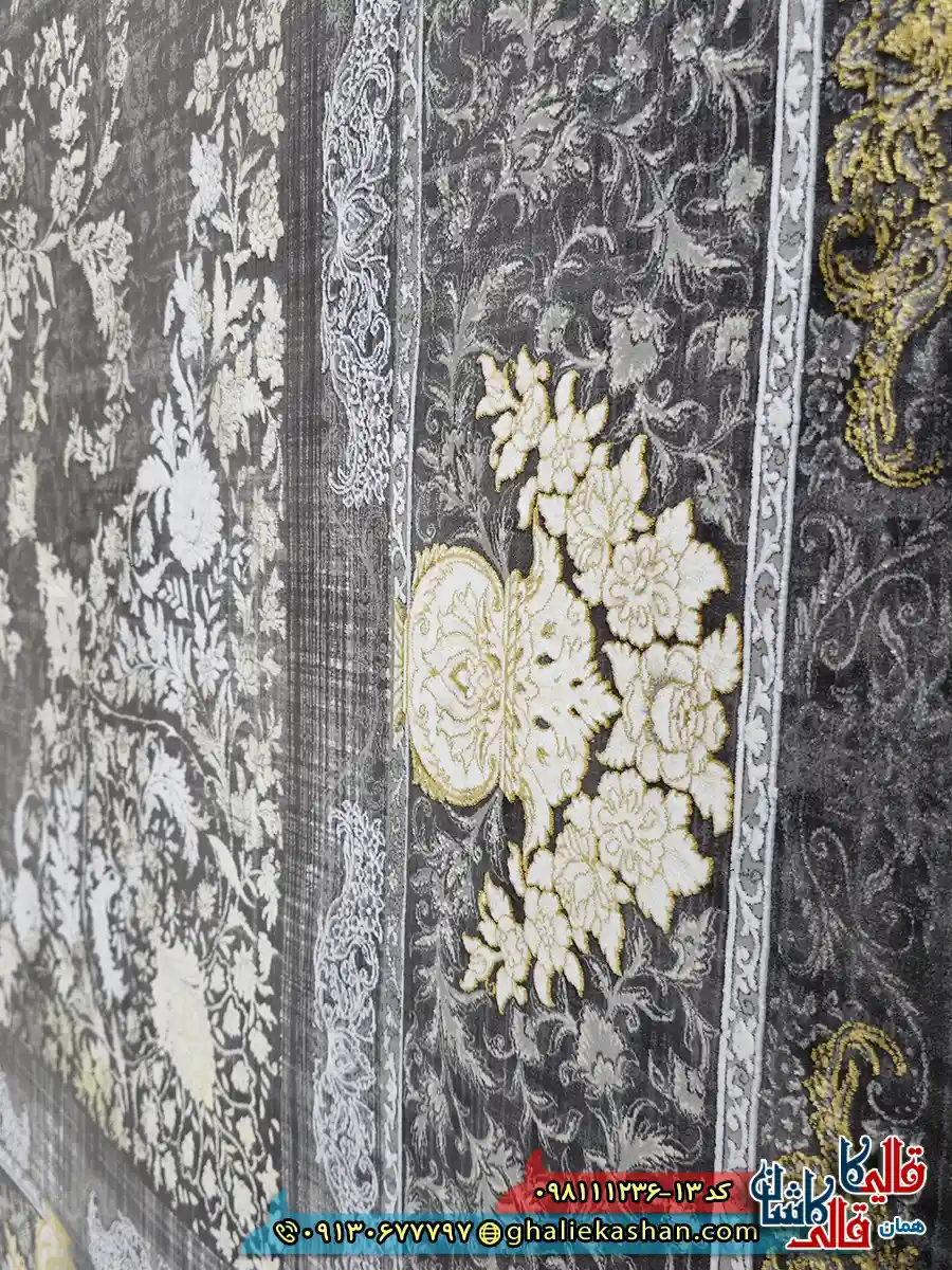 فرش طلاکوب وینتیج 1200 شانه طرح حدیث رنگ طوسی دودی گل برجسته کاشان نزدیک