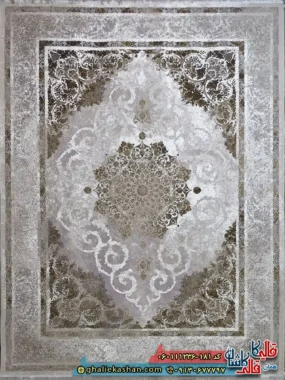 فرش طلاکوب وینتیج 1200 شانه طرح دریا رنگ کرم صدفی گل برجسته کاشان