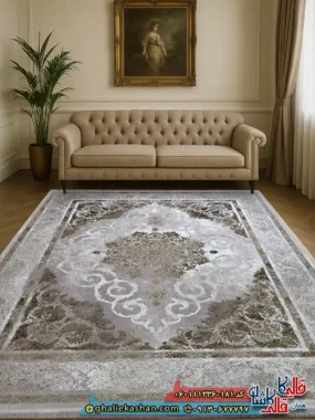 فرش طلاکوب وینتیج 1200 شانه طرح دریا رنگ کرم صدفی گل برجسته کاشان