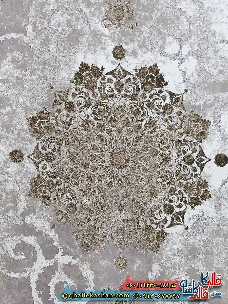 فرش طلاکوب وینتیج 1200 شانه طرح دریا رنگ کرم صدفی گل برجسته کاشان زمینه