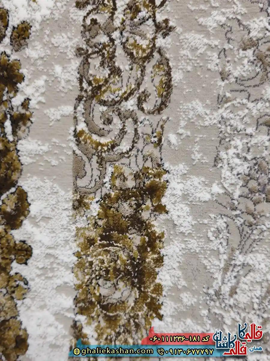 فرش طلاکوب وینتیج 1200 شانه طرح دریا رنگ کرم صدفی گل برجسته کاشان نزدیک 2
