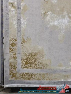 فرش طلاکوب وینتیج 1200 شانه طرح دیانا رنگ کرم صدفی گل برجسته کاشان حاشیه
