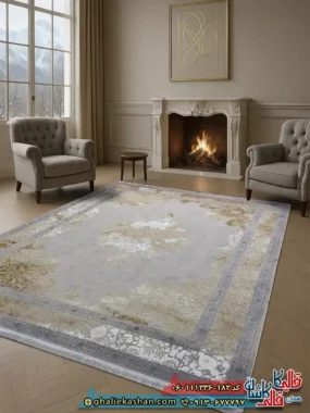 فرش طلاکوب وینتیج 1200 شانه طرح دیانا رنگ کرم صدفی گل برجسته کاشان