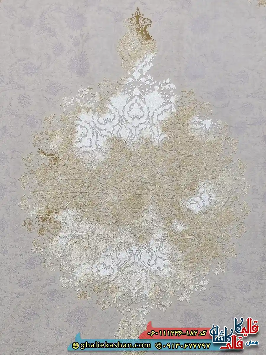 فرش طلاکوب وینتیج 1200 شانه طرح دیانا رنگ کرم صدفی گل برجسته کاشان زمینه