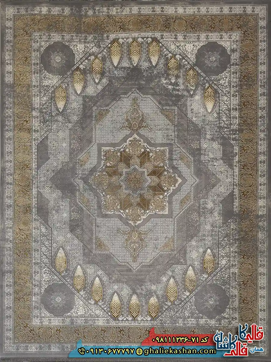 فرش طلاکوب وینتیج 1200 شانه طرح شازده رنگ طوسی نقره ای گل برجسته کاشان اصلی