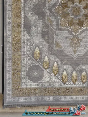 فرش طلاکوب وینتیج 1200 شانه طرح شازده رنگ طوسی نقره ای گل برجسته کاشان حاشیه