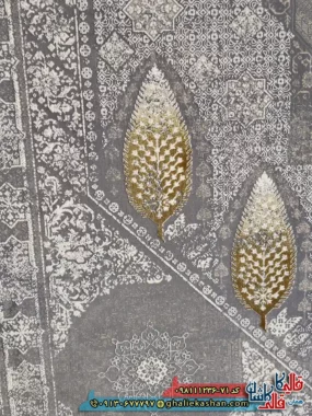 فرش طلاکوب وینتیج 1200 شانه طرح شازده رنگ طوسی نقره ای گل برجسته کاشان نزدیک