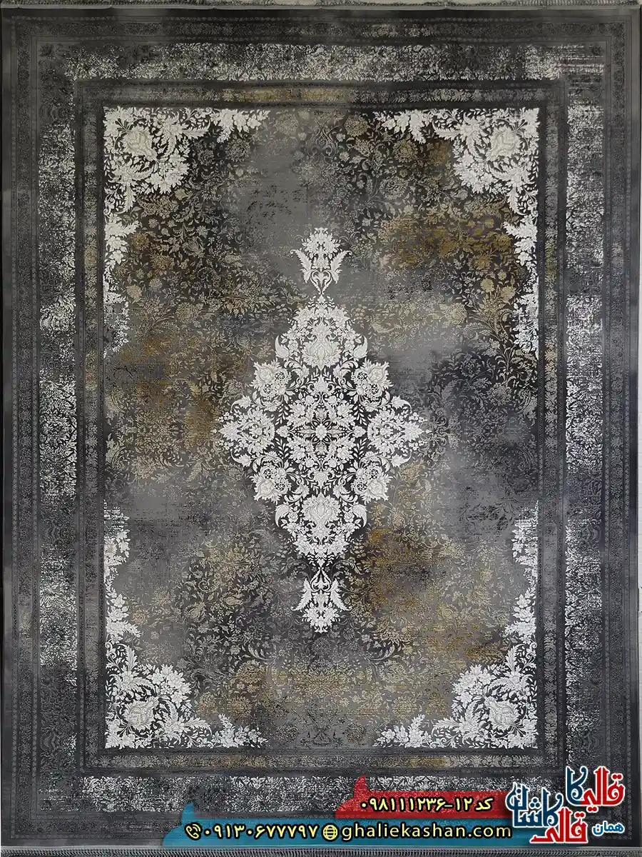 فرش طلاکوب وینتیج 1200 شانه طرح لیلی رنگ طوسی دودی گل برجسته کاشان اصلی فرش طلاکوب وینتیج 1200 شانه طرح لیلی رنگ طوسی دودی گل برجسته کاشان اصلی