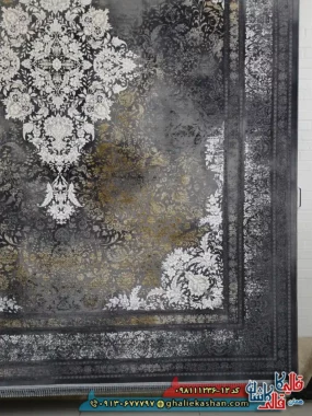 فرش طلاکوب وینتیج 1200 شانه طرح لیلی رنگ طوسی دودی گل برجسته کاشان حاشیه