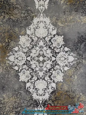 فرش طلاکوب وینتیج 1200 شانه طرح لیلی رنگ طوسی دودی گل برجسته کاشان زمینه