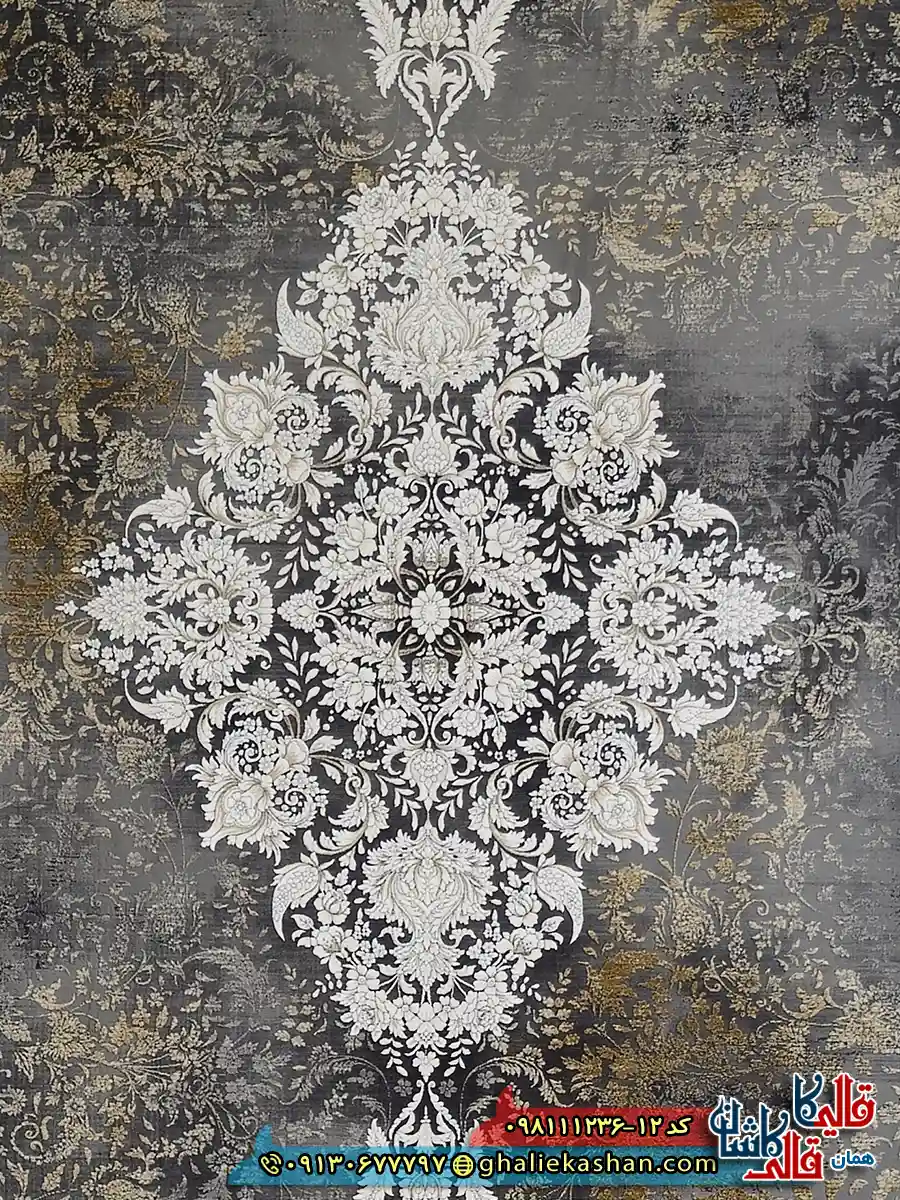 فرش طلاکوب وینتیج 1200 شانه طرح لیلی رنگ طوسی دودی گل برجسته کاشان زمینه