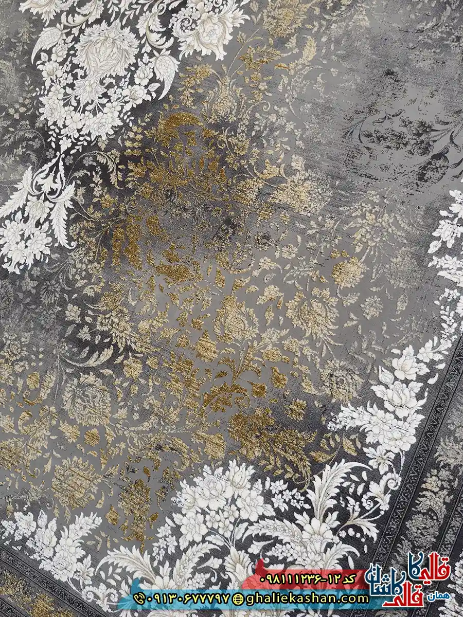 فرش طلاکوب وینتیج 1200 شانه طرح لیلی رنگ طوسی دودی گل برجسته کاشان نزدیک 2