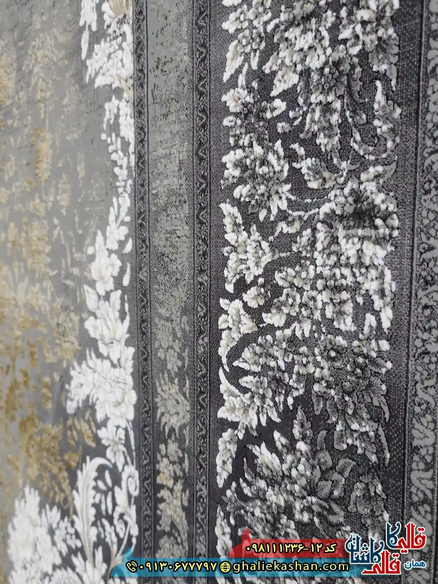 فرش طلاکوب وینتیج 1200 شانه طرح لیلی رنگ طوسی دودی گل برجسته کاشان نزدیک