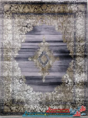 فرش طلاکوب وینتیج 1200 شانه طرح هدیه رنگ طوسی یاسی گل برجسته کاشان