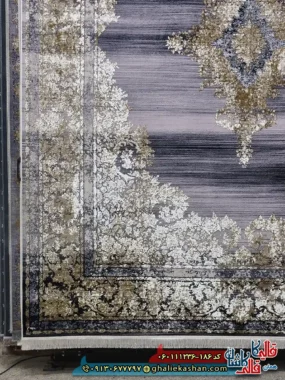 فرش طلاکوب وینتیج 1200 شانه طرح هدیه رنگ طوسی یاسی گل برجسته کاشان دکوراسیون