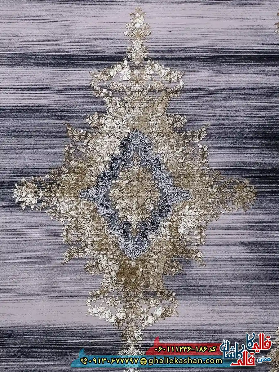 فرش طلاکوب وینتیج 1200 شانه طرح هدیه رنگ طوسی یاسی گل برجسته کاشان زمینه