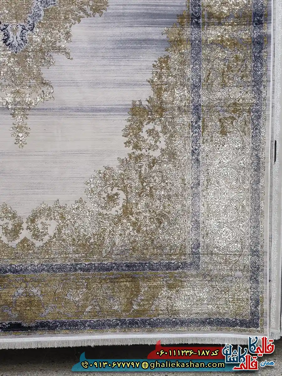فرش طلاکوب وینتیج 1200 شانه طرح هدیه رنگ کرم صدفی گل برجسته کاشان حاشیه
