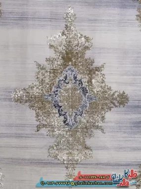 فرش طلاکوب وینتیج 1200 شانه طرح هدیه رنگ کرم صدفی گل برجسته کاشان زمینه