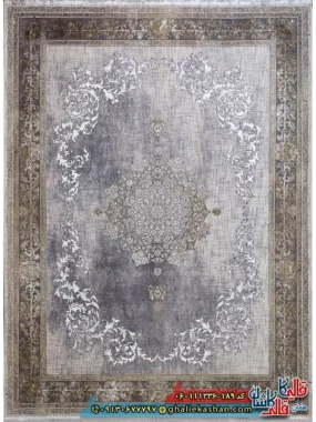 فرش طلاکوب وینتیج 1200 شانه طرح همدم رنگ کرم صدفی گل برجسته کاشان