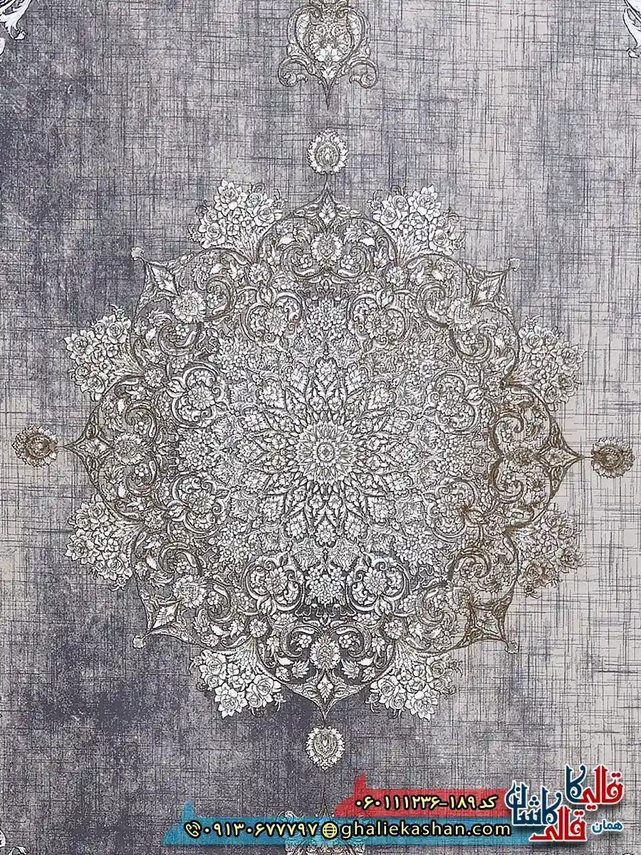 فرش طلاکوب وینتیج 1200 شانه طرح همدم رنگ کرم صدفی گل برجسته کاشان زمینه