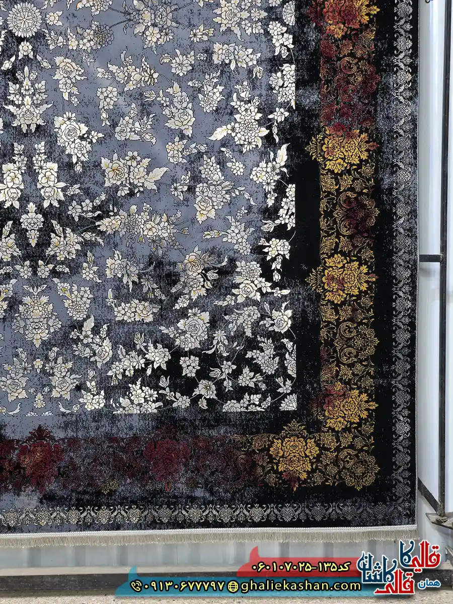 فرش طلاکوب وینتیج 700 شانه طرح افشان سپیده رنگ سرمه ای قرمز کاشان حاشیه