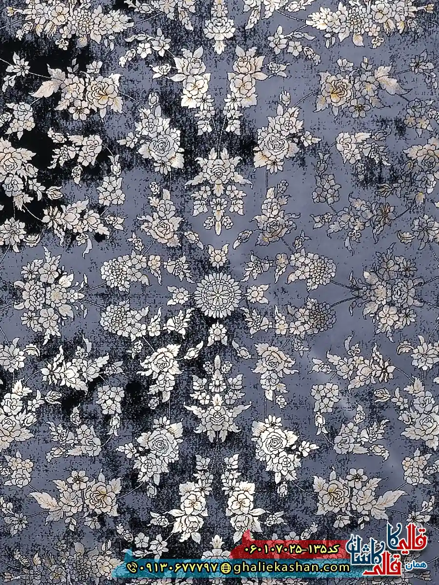 فرش طلاکوب وینتیج 700 شانه طرح افشان سپیده رنگ سرمه ای قرمز کاشان زمینه