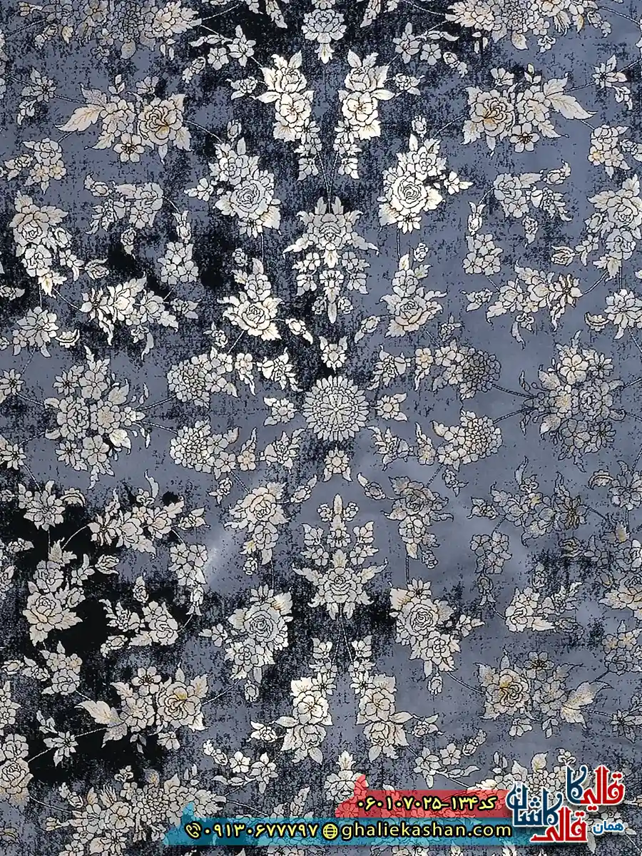 فرش طلاکوب وینتیج 700 شانه طرح افشان سپیده رنگ طوسی دودی کاشان زمینه