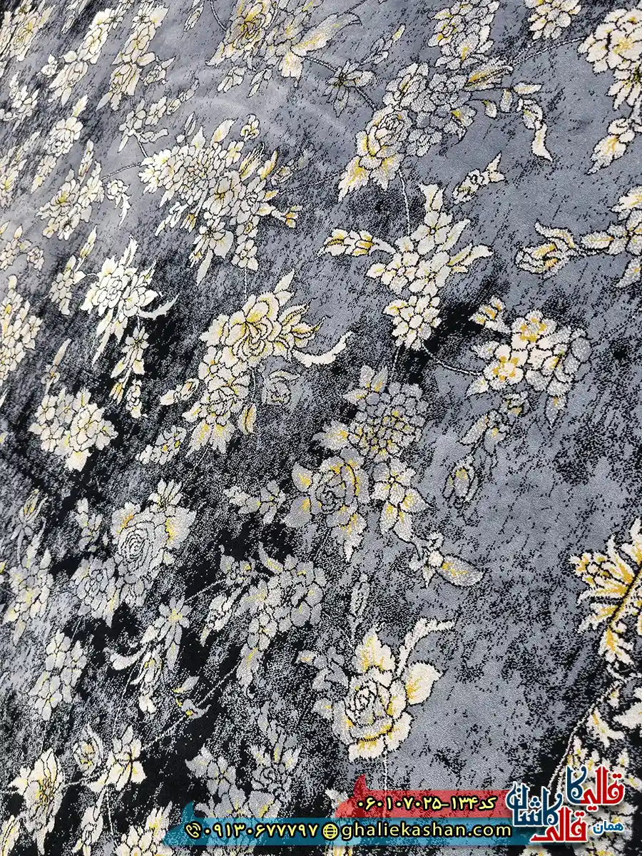 فرش طلاکوب وینتیج 700 شانه طرح افشان سپیده رنگ طوسی دودی کاشان نزدیک 2