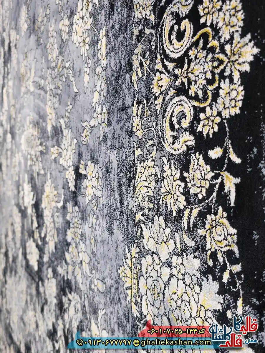 فرش طلاکوب وینتیج 700 شانه طرح افشان سپیده رنگ طوسی دودی کاشان نزدیک