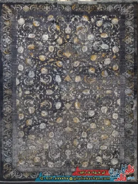 فرش طلاکوب وینتیج 700 شانه طرح افشان میلان رنگ طوسی دودی کاشان