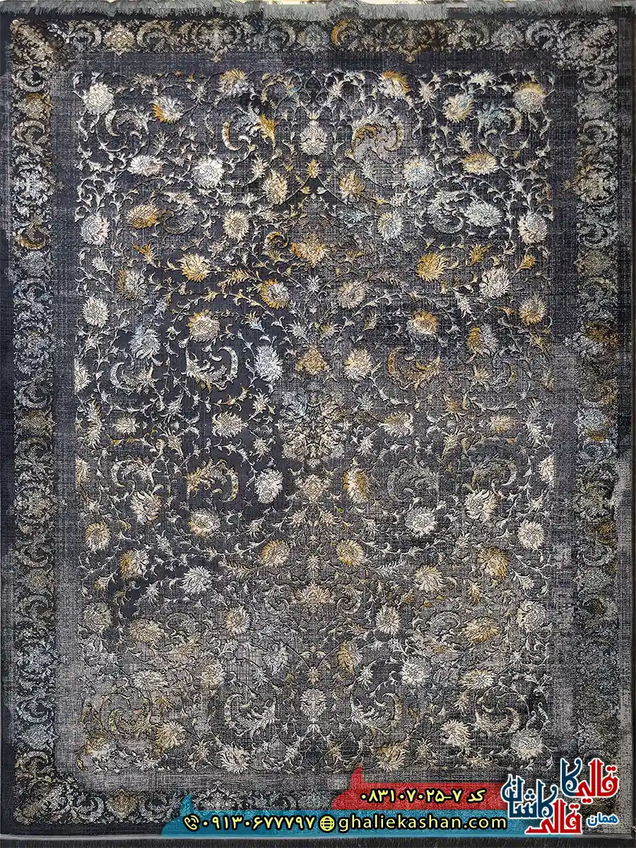 فرش طلاکوب وینتیج 700 شانه طرح افشان میلان رنگ طوسی دودی کاشان اصلی