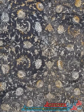 فرش طلاکوب وینتیج 700 شانه طرح افشان میلان رنگ طوسی دودی کاشان زمینه