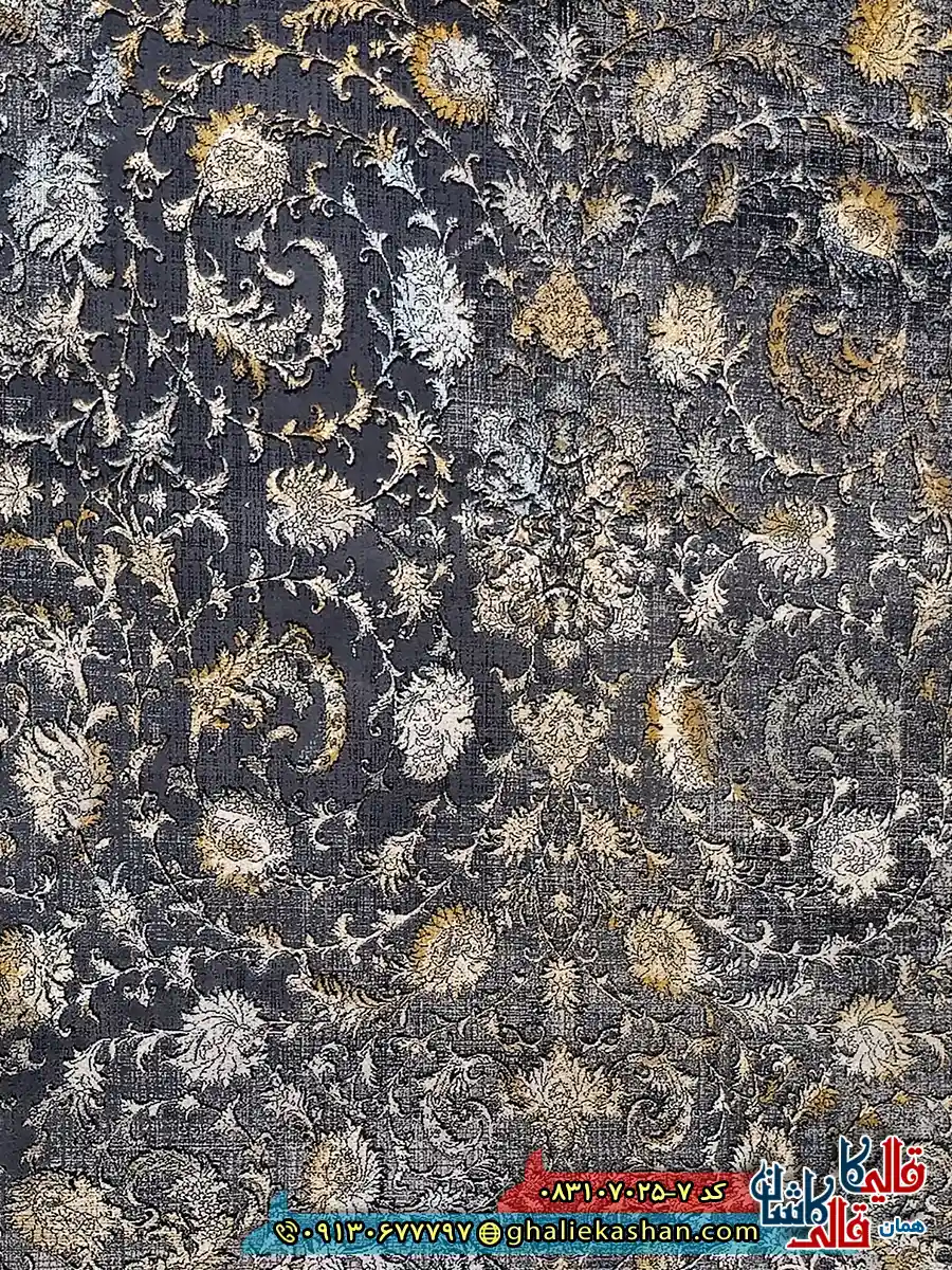 فرش طلاکوب وینتیج 700 شانه طرح افشان میلان رنگ طوسی دودی کاشان زمینه