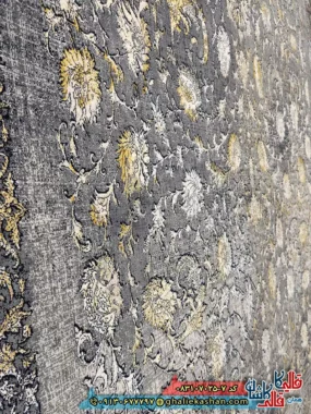 فرش طلاکوب وینتیج 700 شانه طرح افشان میلان رنگ طوسی دودی کاشان نزدیک