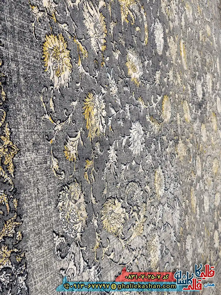 فرش طلاکوب وینتیج 700 شانه طرح افشان میلان رنگ طوسی دودی کاشان نزدیک