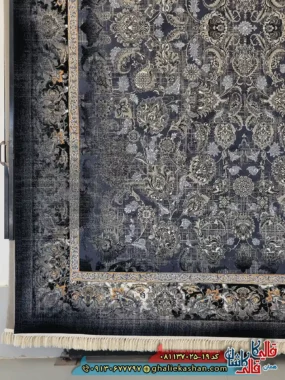 فرش طلاکوب وینتیج 700 شانه طرح افشان کیمیا رنگ سرمه ای کاشان حاشیه