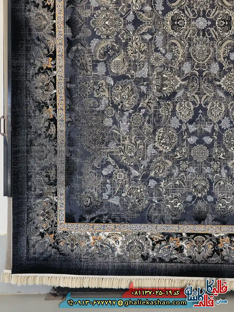 فرش طلاکوب وینتیج 700 شانه طرح افشان کیمیا رنگ سرمه ای کاشان حاشیه