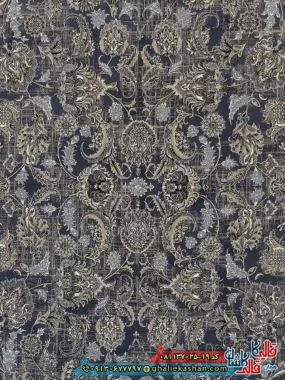 فرش طلاکوب وینتیج 700 شانه طرح افشان کیمیا رنگ سرمه ای کاشان زمینه