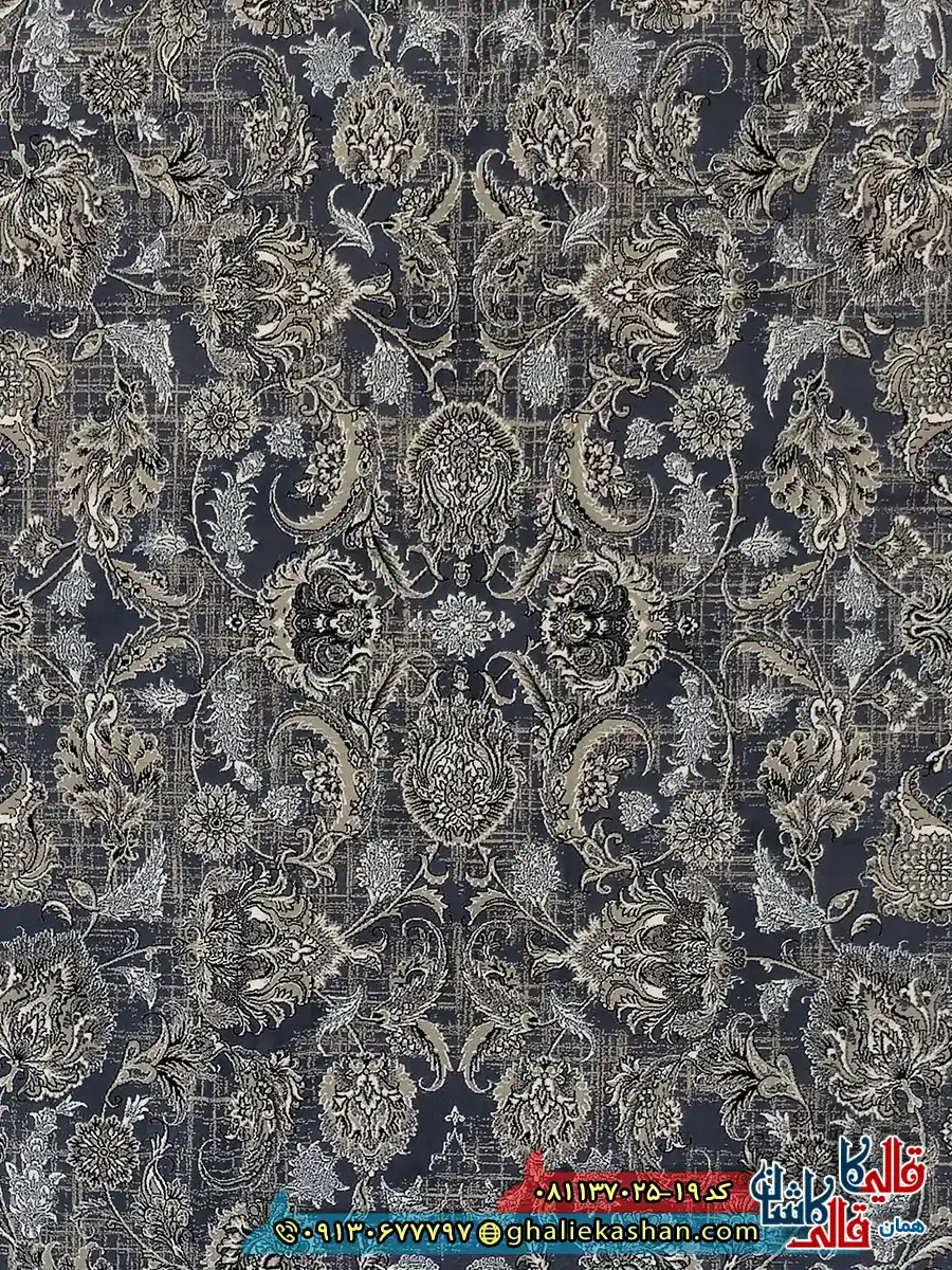 فرش طلاکوب وینتیج 700 شانه طرح افشان کیمیا رنگ سرمه ای کاشان زمینه