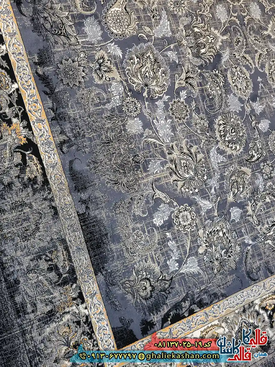فرش طلاکوب وینتیج 700 شانه طرح افشان کیمیا رنگ سرمه ای کاشان نزدیک