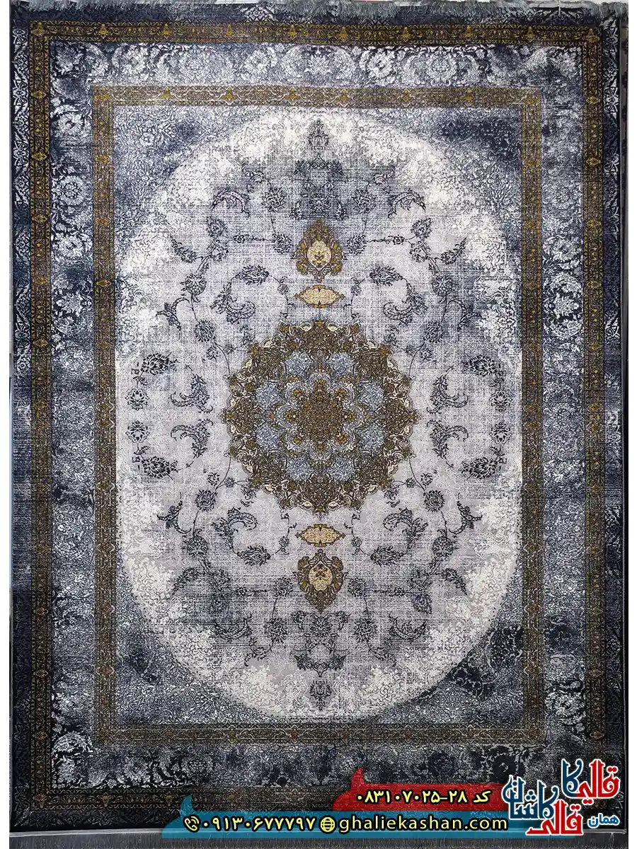 فرش طلاکوب وینتیج 700 شانه طرح ویکتوریا رنگ طوسی نقره ای کاشان اصلی
